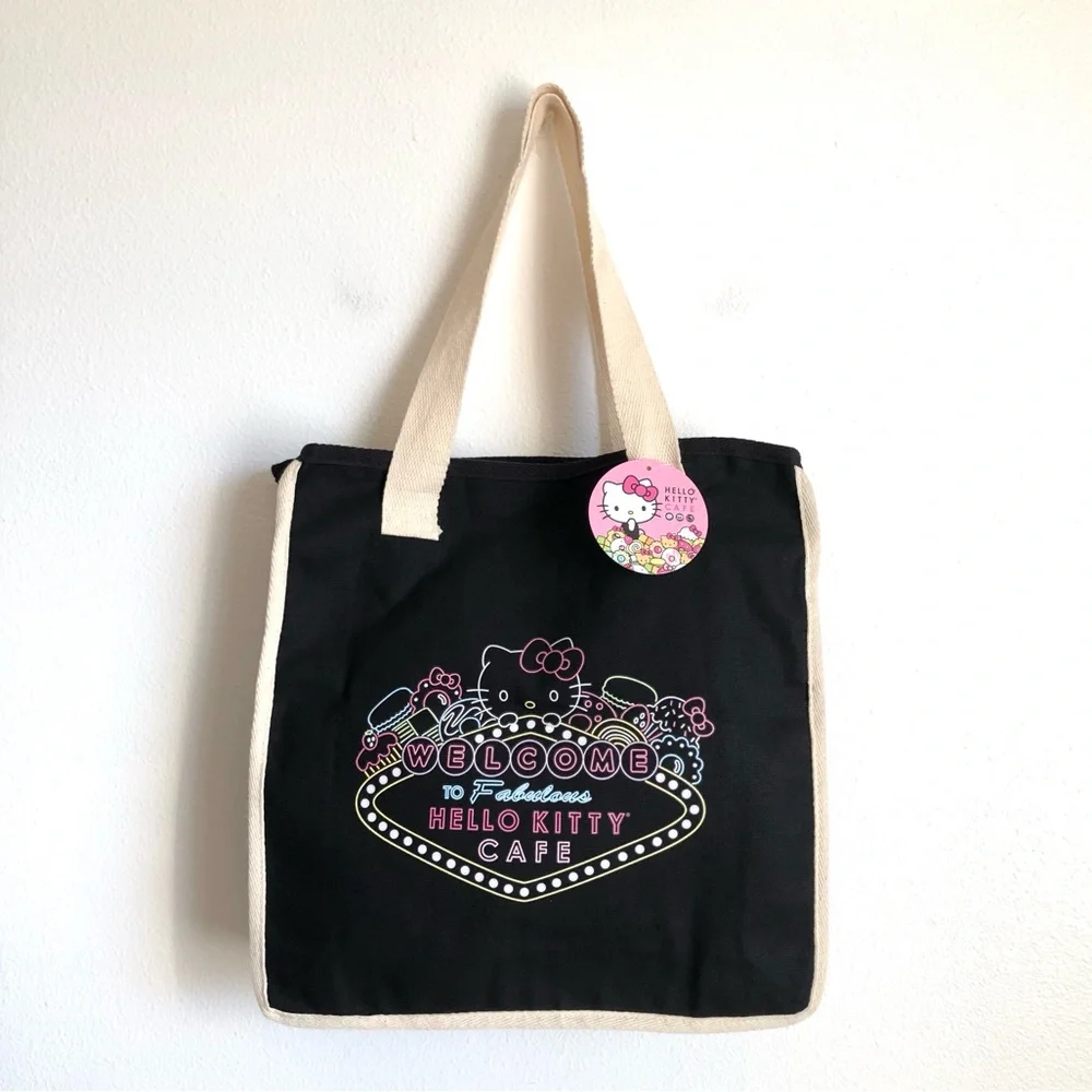 NWT Sanrio Hello Kitty Cafe Las Vegas Black Pastel Dessert Theme Canvas Tote Bag